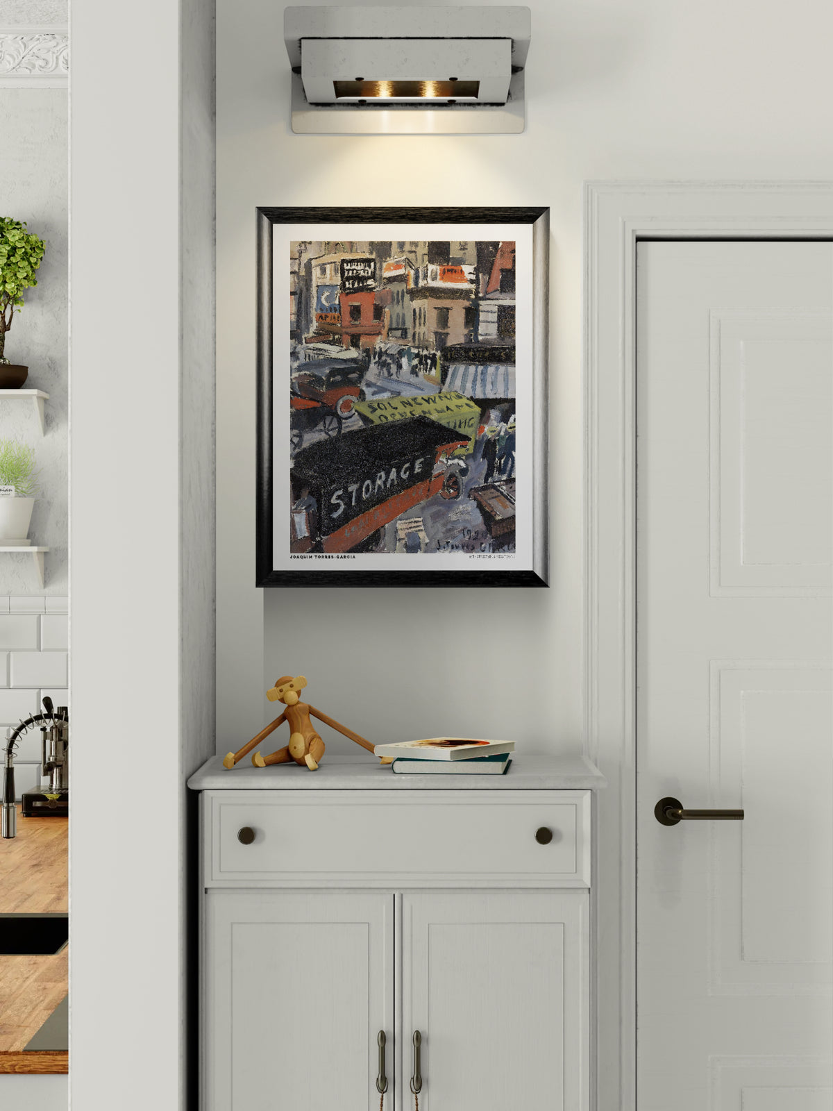 Joaquim Torres-Garcia's 14th Street (Business Town), a vertical modernist cityscape with vintage New York storefronts, cars, bold lettering, and earthy red, blue, and grey tones. Digital wall art print for eclectic interiors.