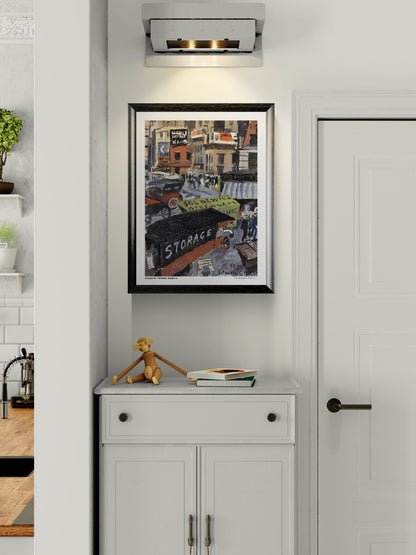 Joaquim Torres-Garcia's 14th Street (Business Town), a vertical modernist cityscape with vintage New York storefronts, cars, bold lettering, and earthy red, blue, and grey tones. Digital wall art print for eclectic interiors.