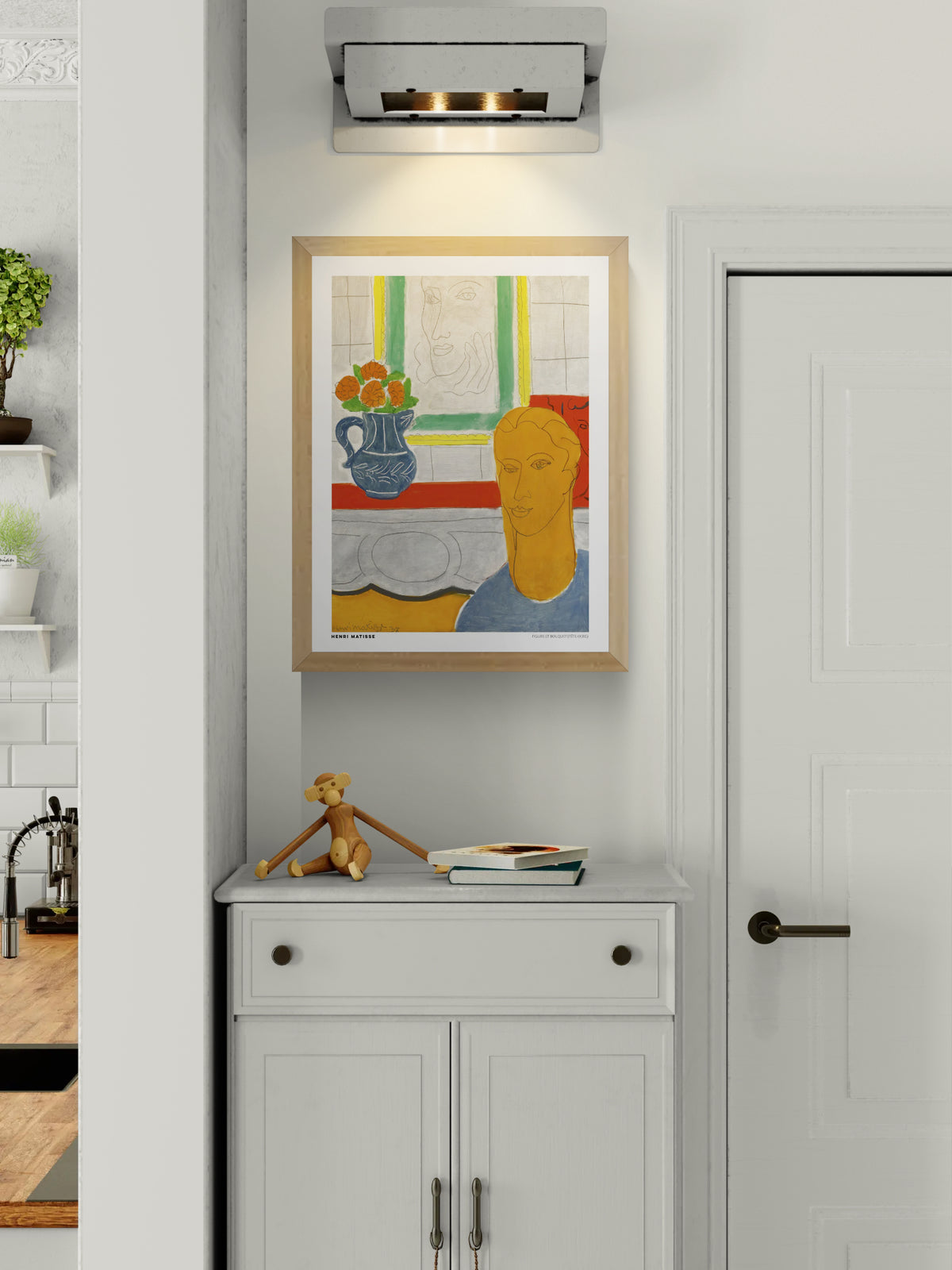 Portrait-oriented digital art print of Henri Matisse's Figure et Bouquet (Tête Ocre), featuring an ochre-colored figure, orange flowers in a blue vase, and green and yellow accents. Colorful modernist wall art.