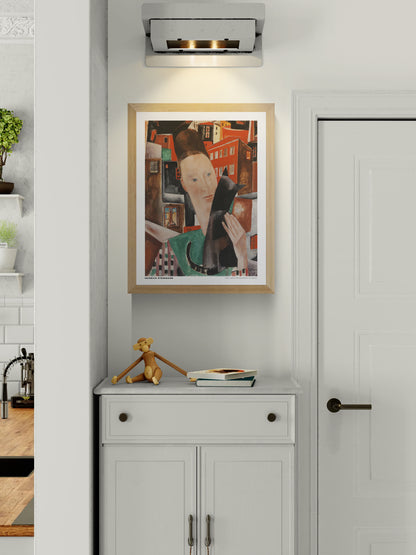 Portrait-oriented digital art print of Woman and Black Cat at Night by Heinrich Stegemann, showing a woman holding a black cat against an expressionist cityscape in red, brown, and green. Distinctive wall art for a living room.