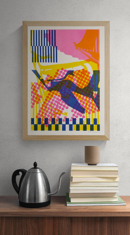 Colorful Collage 2 by PTRVRKD, vertical A3 risograph print with overlapping pink, yellow, orange and blue shapes, dots and stripes, bold abstract wall art for colorful contemporary interiors.