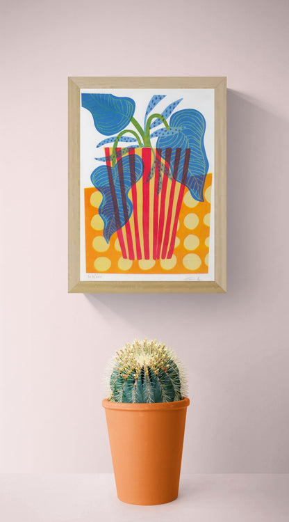 Colourful vertical giclée print by Teresa Rego featuring white flowers in a striped aubergine-shaped pot, with bold pink, red and green patterns for modern wall decor.