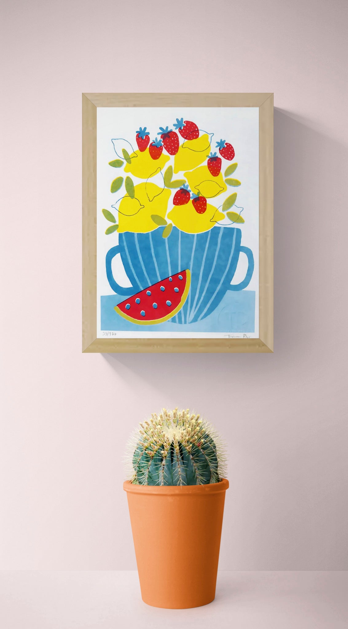 A5 risograph art print titled Lemonade by Teresa Rego, featuring a colorful blue cup filled with lemons, strawberries, and a slice of watermelon – limited edition Portuguese illustration on 150g paper.