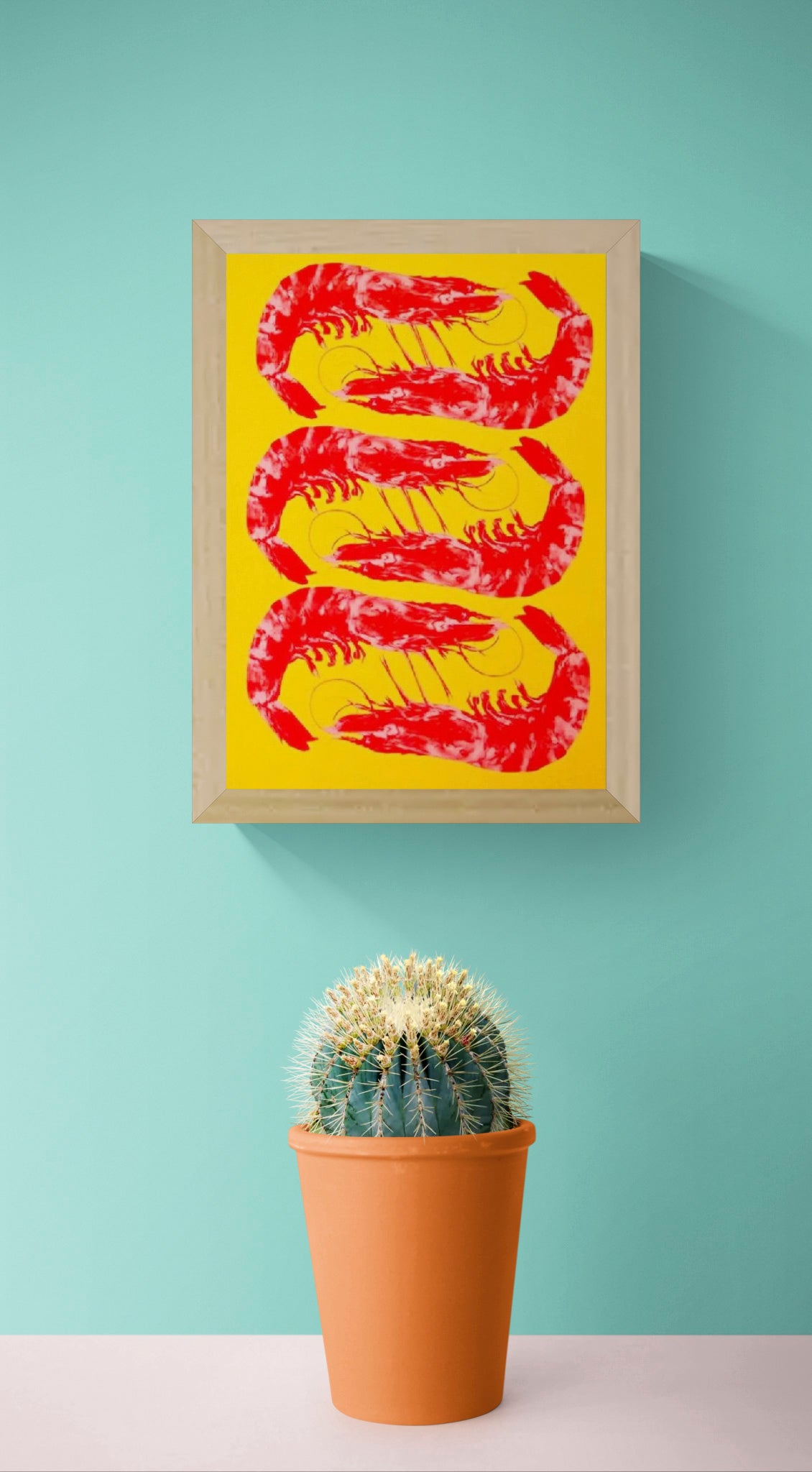Bright yellow and red offset print of three shrimp by Dutch illustrator PTRVRKD – playful pop-art seafood design, bold color composition printed with eco-friendly soy inks on 250 gsm Biotop paper, handmade in the Netherlands – quirky small art print for modern kitchens or walls.