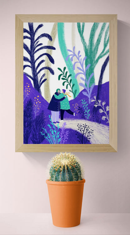 Colourful digital art print by Belgian illustrator Louise de Meester, featuring two people hugging in a dreamy, lush forest setting with purple and green foliage – 21x29.7 cm, perfect for adding warmth and love to your home.