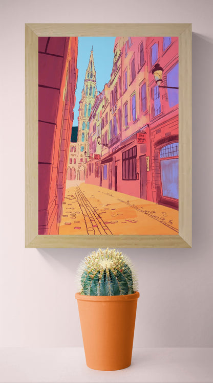 colorful Brussels street illustration with warm sunlight and historic buildings leading toward Grand Place vibrant European city wall art print