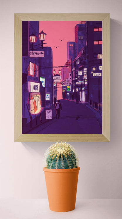Fine art giclée print titled “Nights in Japan” by Valeria Maggiani featuring a cinematic Japanese city street at dusk with neon signs, warm shop lights, urban silhouettes, and a pink-purple evening sky, printed on 100% cotton textured paper A4 size, ideal for modern home decor and contemporary wall art in Belgium and Europe.