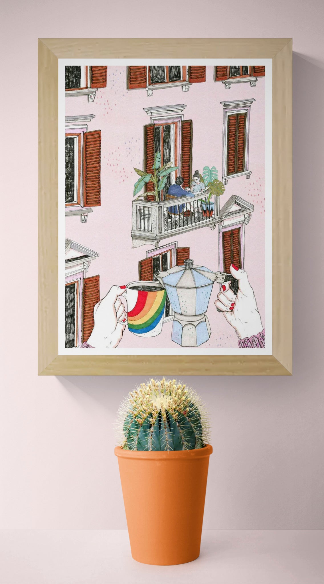 Illustration of a hand holding a rainbow mug and coffee pot with a couple on a balcony in the background – Rainbow by Ana Jarén, A4 art print made in Spain.