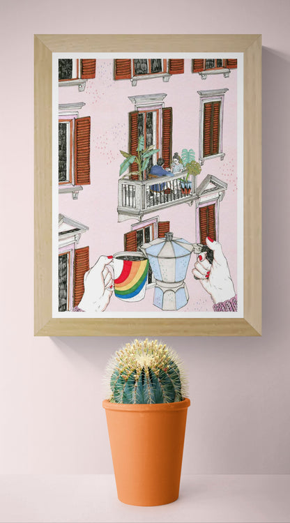 Illustration of a hand holding a rainbow mug and coffee pot with a couple on a balcony in the background – Rainbow by Ana Jarén, A4 art print made in Spain.