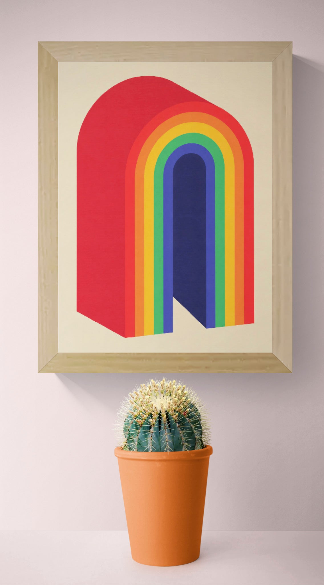 Rainbow by PTRVRKD, a vertical A4 risograph print featuring layered geometric arches in red, orange, yellow, green, blue and indigo on a cream background. Retro-inspired wall art for modern interiors.