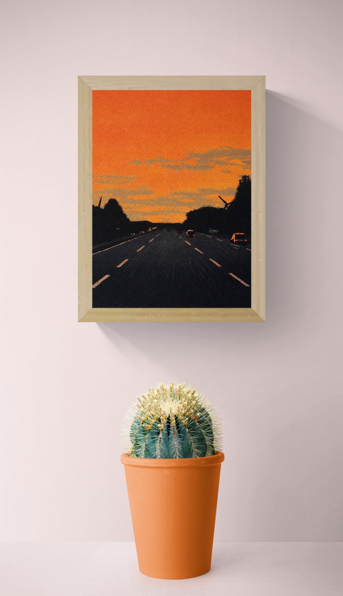 Vertical giclée art print showing cars driving along a dark motorway beneath a vivid orange sunset, with textured clouds and black tree silhouettes, ideal for modern hallway, office or gallery wall decor.