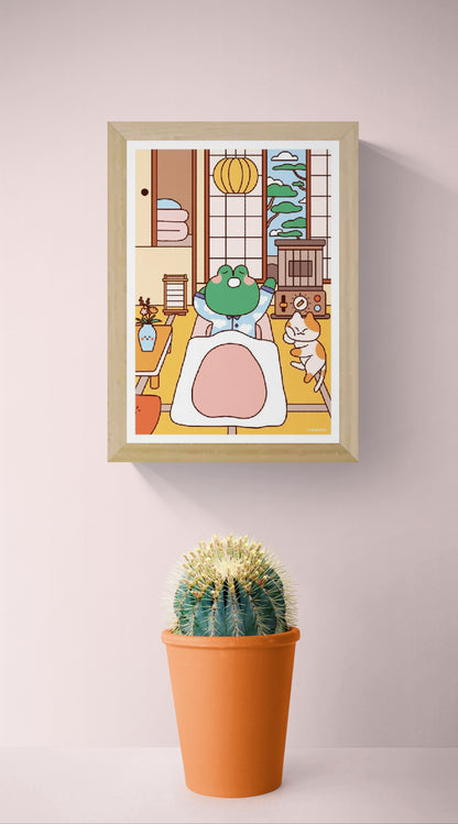 Bobby in Bed by Niniwanted, a colorful A5 digital art print featuring a cute green frog tucked into bed beside a playful cat in a Japanese-style bedroom. Kawaii wall art in soft pastel colors.