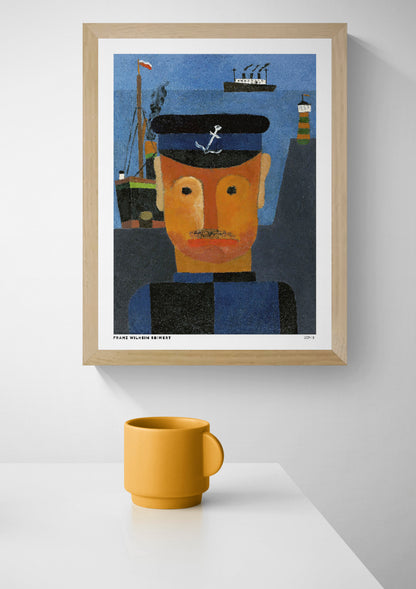 Seemann by Franz Wilhelm Seiwert, a modernist sailor portrait in orange, blue, and black, with ships and a lighthouse in the background. Vertical digital art print for nautical-inspired wall decor.