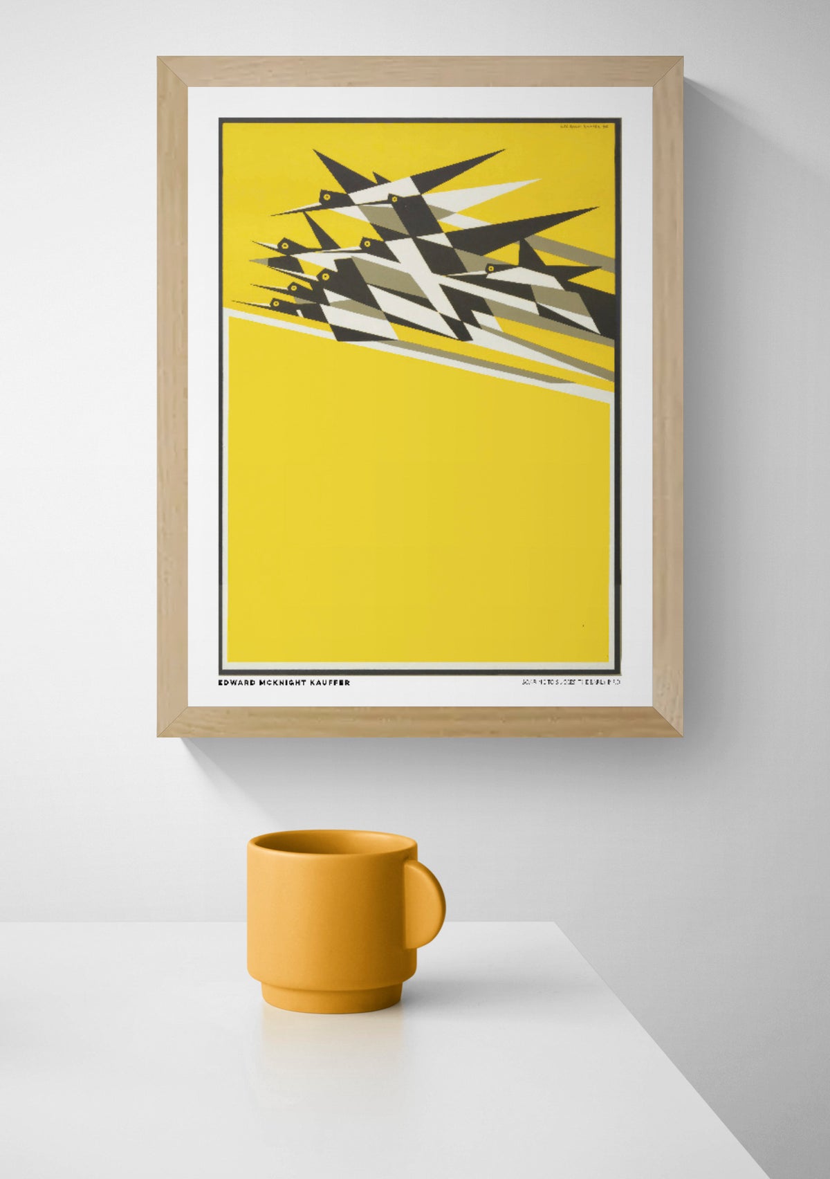 Vertical vintage modernist poster by Edward McKnight Kauffer showing a flock of geometric black, white, and grey birds flying across a bright yellow background. Digital art print with Art Deco influences for bold wall decor.