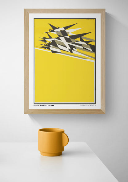 Vertical vintage modernist poster by Edward McKnight Kauffer showing a flock of geometric black, white, and grey birds flying across a bright yellow background. Digital art print with Art Deco influences for bold wall decor.