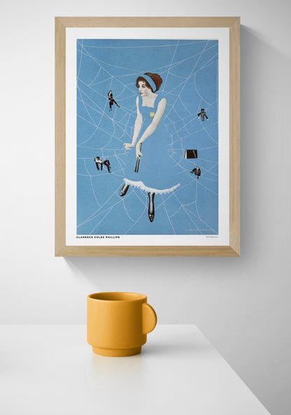 Vintage-style digital art print of Net Results by Clarence Coles Phillips, featuring a woman in a blue dress surrounded by white spiderwebs and tiny figures. Bold blue vertical artwork for eclectic wall decor.