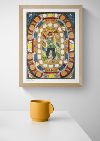 Adolf Wölfli's colorful abstract composition with concentric oval patterns, expressive faces, and bold orange, yellow, blue, red and green details. Vertical digital art print for eclectic wall decor.