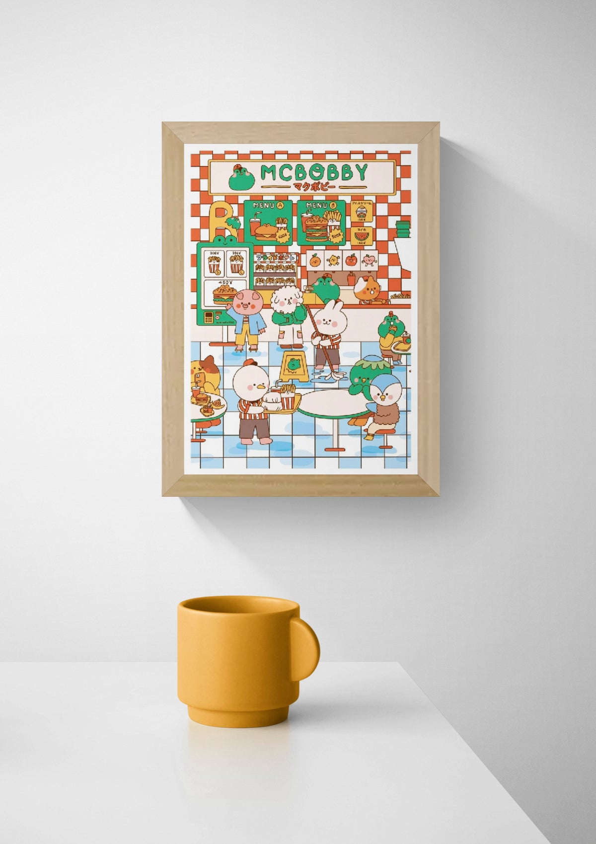 Mcbobby by Niniwanted, colorful A4 digital art print showing cute cartoon animals in a Japanese fast-food restaurant with burgers, fries, orange checkerboard walls and pastel blue flooring. Kawaii kitchen wall art.