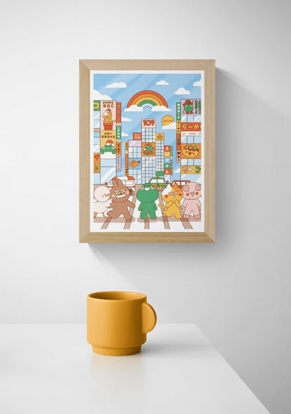 Colorful Shibuya Crossing illustration by Niniwanted featuring cute animal characters, Japanese shop signs, a rainbow and Tokyo streets. A playful, pastel-toned vertical digital art print for cheerful wall decor.