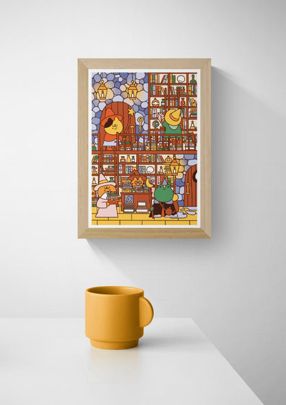 Wizard's Library by Niniwanted, A4 vertical digital art print featuring cute animal wizards, colorful bookshelves, glowing lanterns, and magical objects in a cozy fantasy library. Playful kawaii wall art.