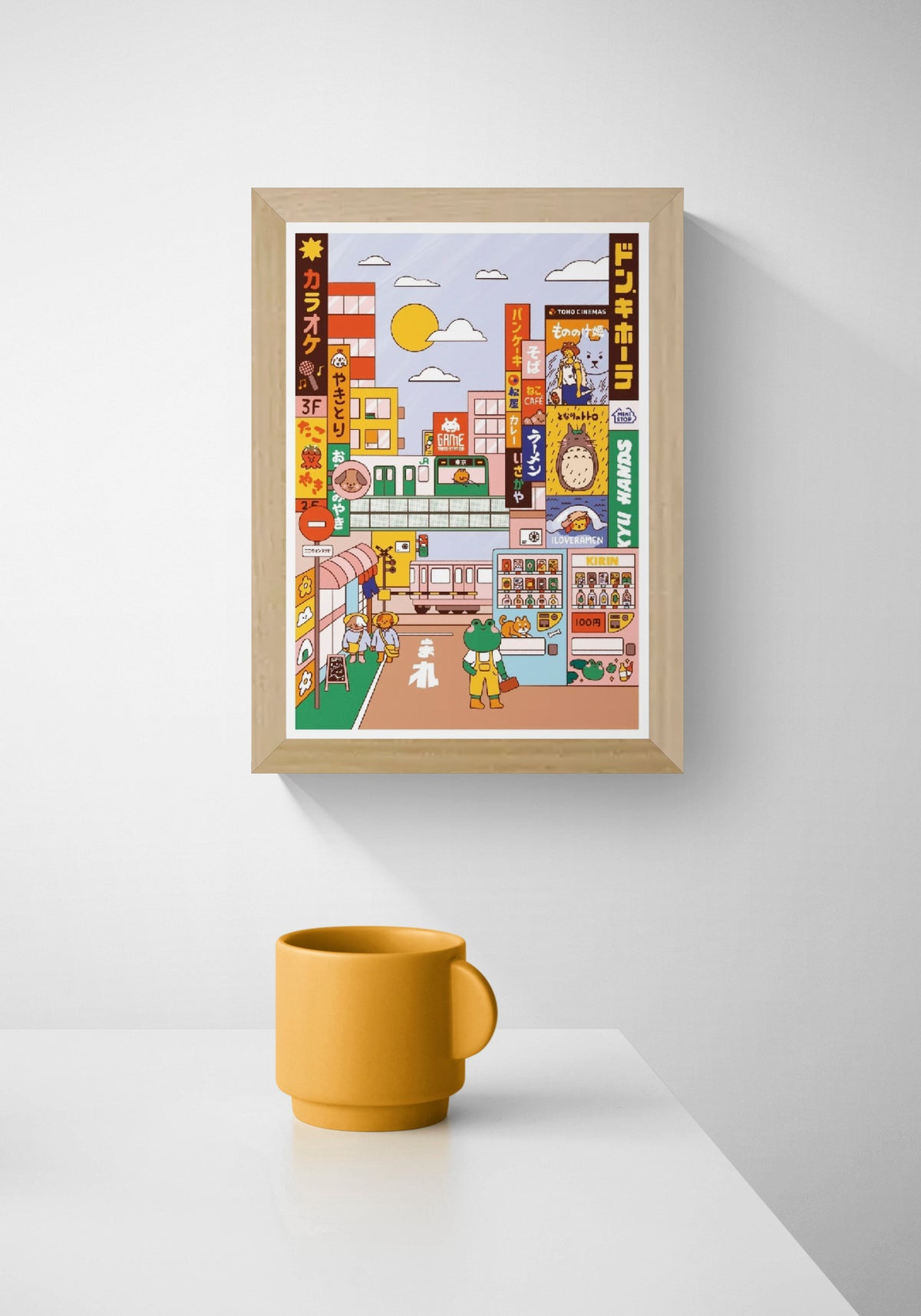 Day in Tokyo by Niniwanted, colorful A4 digital art print featuring a playful Japanese street scene with kawaii animals, ramen signs, trains, and vending machines in a pastel cartoon style.