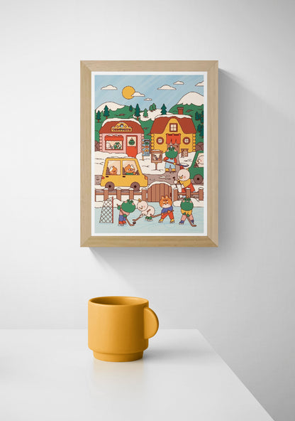 Mountain Village by Niniwanted, a colorful vertical digital art print of cute animal characters playing ice hockey in a snowy Japanese-inspired village, with cozy cabins, pine trees, and mountains.