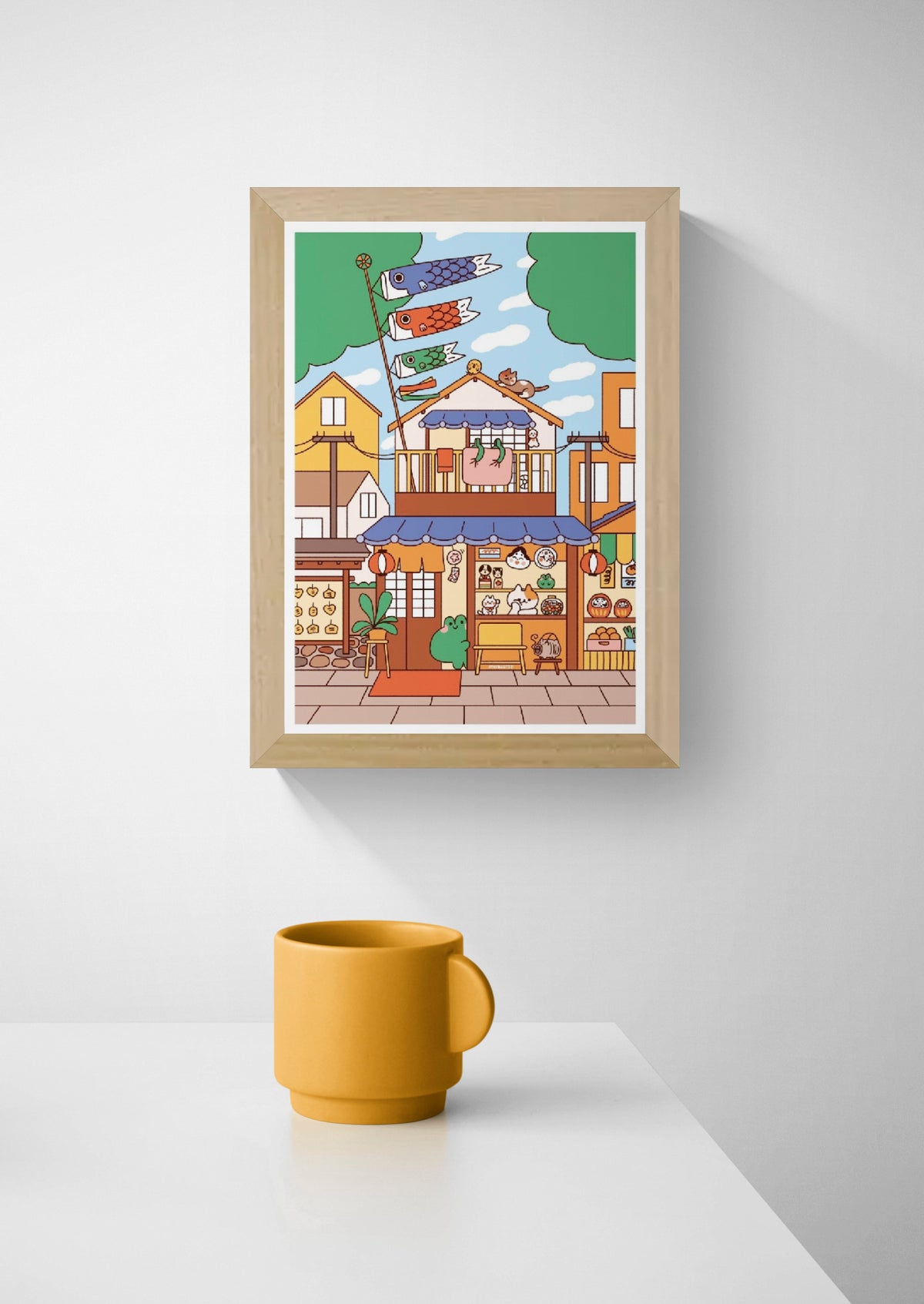 Colorful vertical digital art print of a Japanese souvenir shop by Niniwanted, featuring koi flags, lucky cats, lanterns, and playful characters. Kawaii wall art in warm orange, blue, and green.