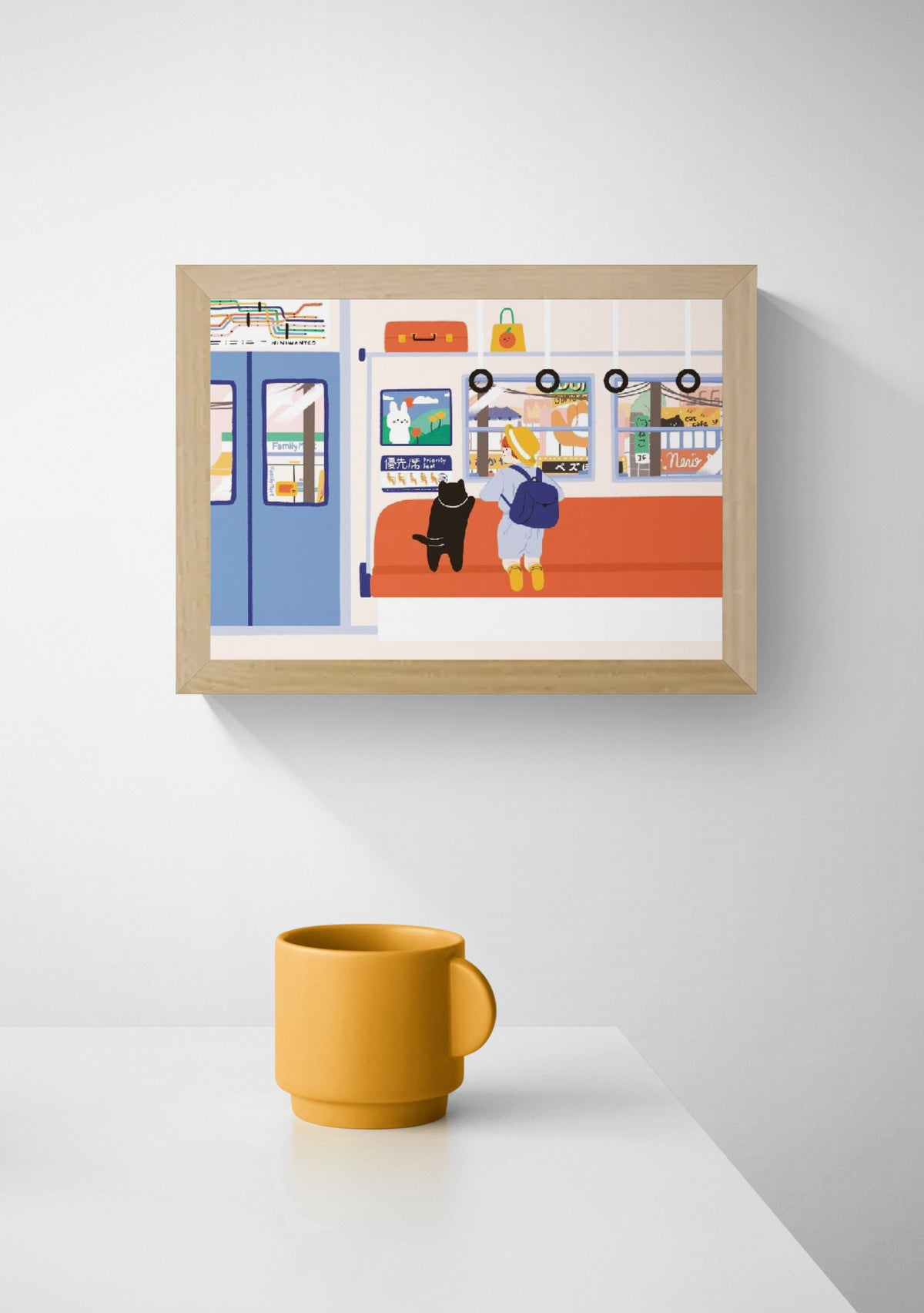 Travel by Train by Niniwanted, colorful A4 digital art print showing a black cat and a child on a Japanese train, with orange seats, blue doors and playful kawaii details. Vertical wall art illustration.
