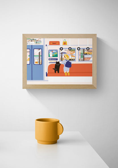 Travel by Train by Niniwanted, colorful A4 digital art print showing a black cat and a child on a Japanese train, with orange seats, blue doors and playful kawaii details. Vertical wall art illustration.
