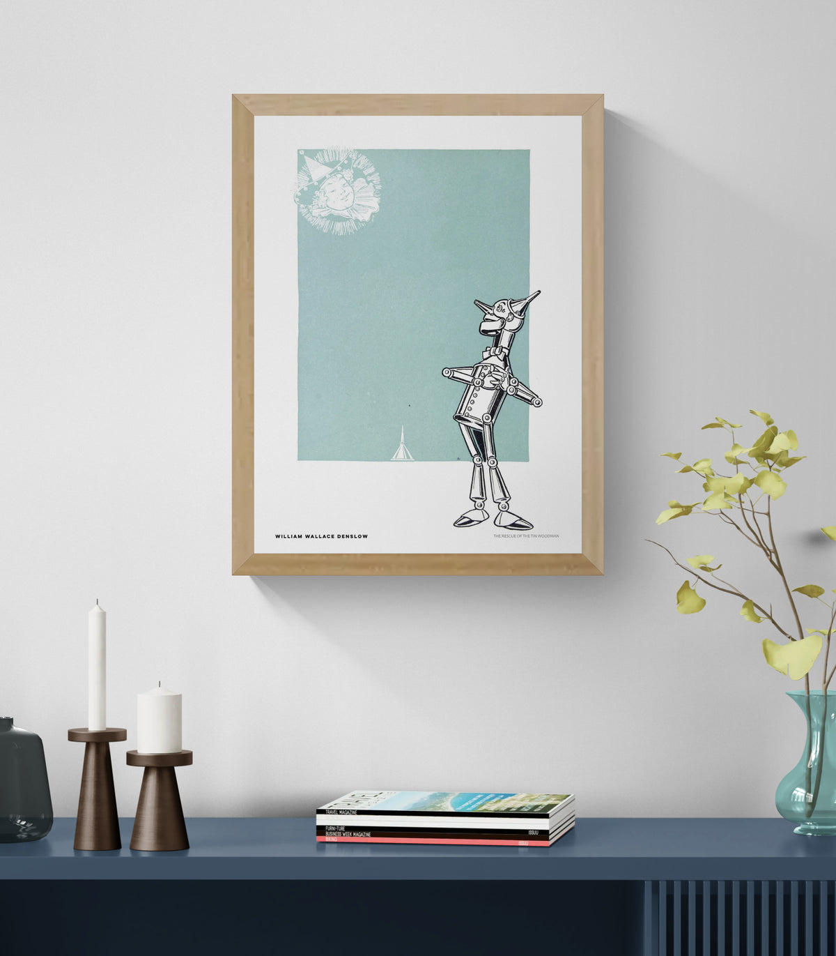 Vintage illustration of the Tin Woodman from The Wizard of Oz by William Wallace Denslow, with black linework and a pale blue-green background. Vertical digital art print for playful wall decor.