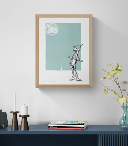 Vintage illustration of the Tin Woodman from The Wizard of Oz by William Wallace Denslow, with black linework and a pale blue-green background. Vertical digital art print for playful wall decor.