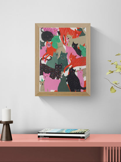Katten art print by Louise de Meester, colorful cat illustration 17.5x24 cm featuring playful pink, green and black cats in a bold contemporary style.