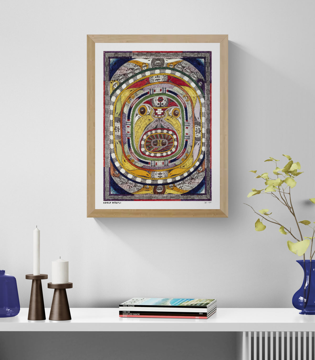 Der Napf by Adolf Wölfli, vertical Art Brut illustration featuring intricate concentric patterns, faces, handwritten details, and vivid yellow, red, blue, and green tones. Digital wall art print for eclectic interiors.