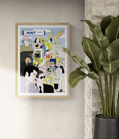 Colorful risograph art print featuring a surreal collage of pop culture icons and absurd characters, titled “Kings” by Studio Stoutpoep – A2 print made in Belgium.