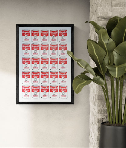 Campballs Andy's Version by Studio Stoutpoep – risograph A2 art print featuring a grid of humorous soup cans parodying Warhol’s Campbell’s series. Red and white tomato cans labeled "with balls" and “may contain traces of nuts.” Printed in Belgium with soy-based inks.
