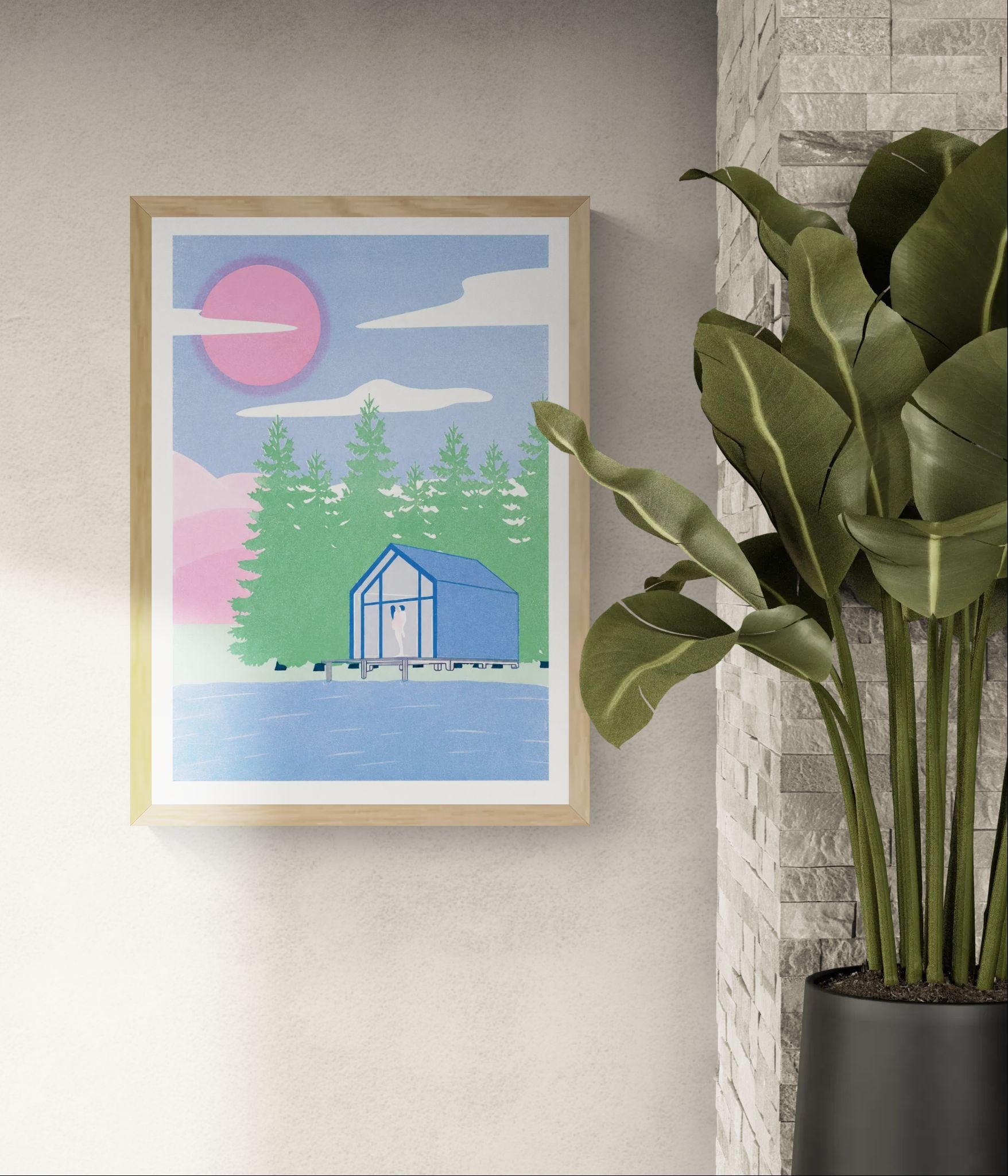Pavilion art print by Studio Stoutpoep – A2 risograph print featuring a modern lakeside cabin in a forest, with two nude silhouettes embracing inside. Dreamy pink sky, blue water, green trees. Contemporary humorous artwork printed in Belgium.