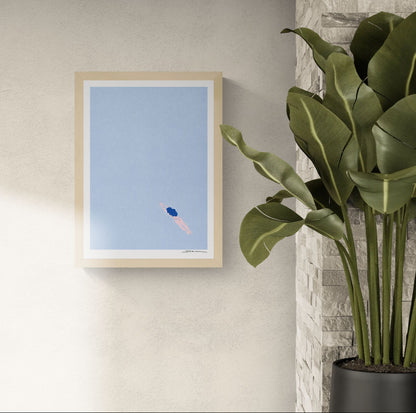Minimalist risograph art print of a lone swimmer floating in a pale blue sea by Studio Stoutpoep. Soft pastel colors, portrait orientation, calming contemporary wall art for modern interiors.