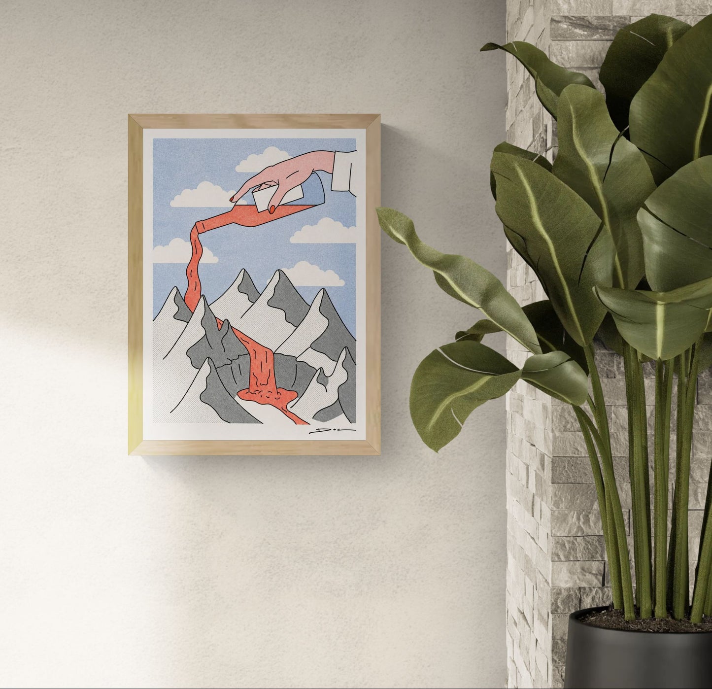 Surreal risograph art print showing a giant hand pouring red wine over snowy mountains, creating a flowing wine river beneath a blue sky with clouds. Contemporary minimalist illustration in portrait format, ideal for kitchens, dining rooms, wine bars, and modern interiors.