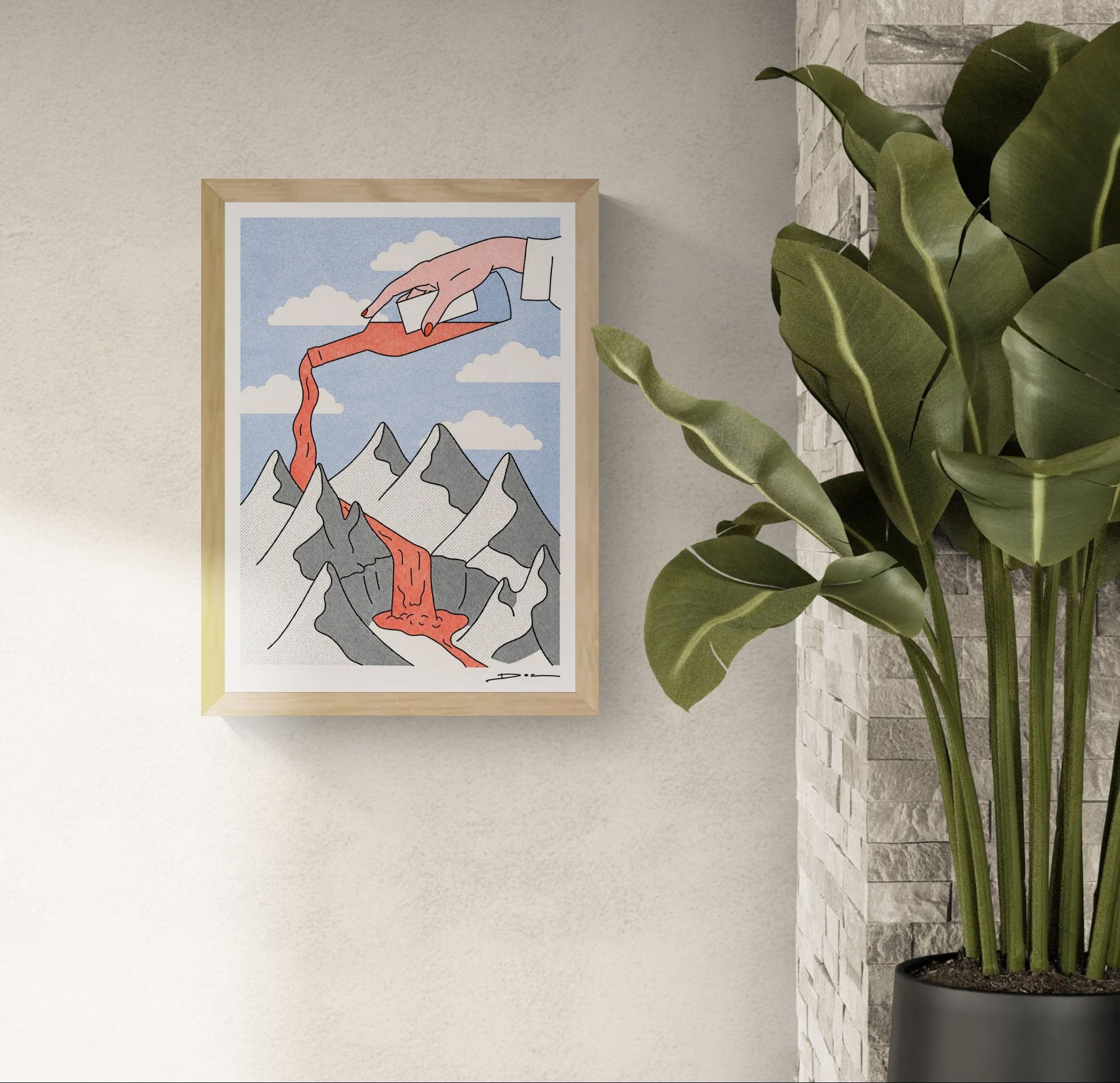 Surreal risograph art print showing a giant hand pouring red wine over snowy mountains, creating a flowing wine river beneath a blue sky with clouds. Contemporary minimalist illustration in portrait format, ideal for kitchens, dining rooms, wine bars, and modern interiors.