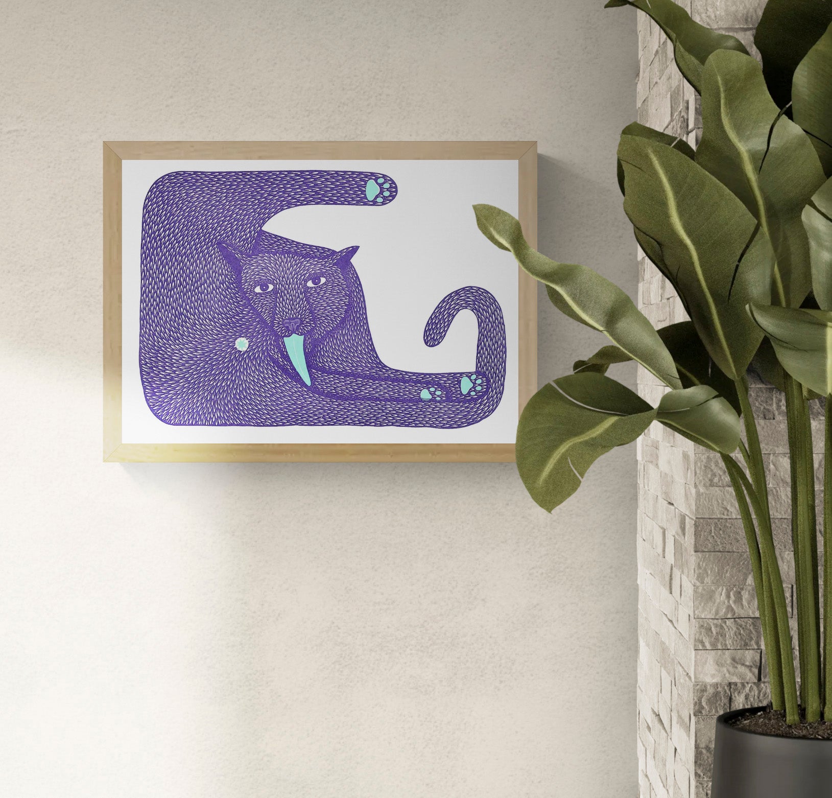 Purple cat risograph art print with elongated body, curled tail, mint tongue and paw details, bold graphic texture and landscape format for playful modern wall decor.