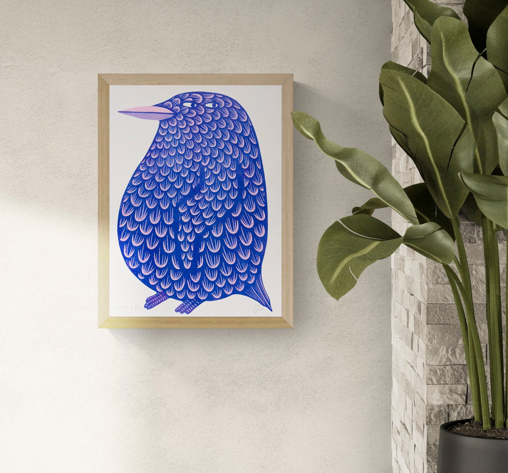 Blue and pink penguin risograph by Strangford, shown in portrait orientation with patterned feathers and a humorous expression, playful wall art for colourful contemporary home decor.