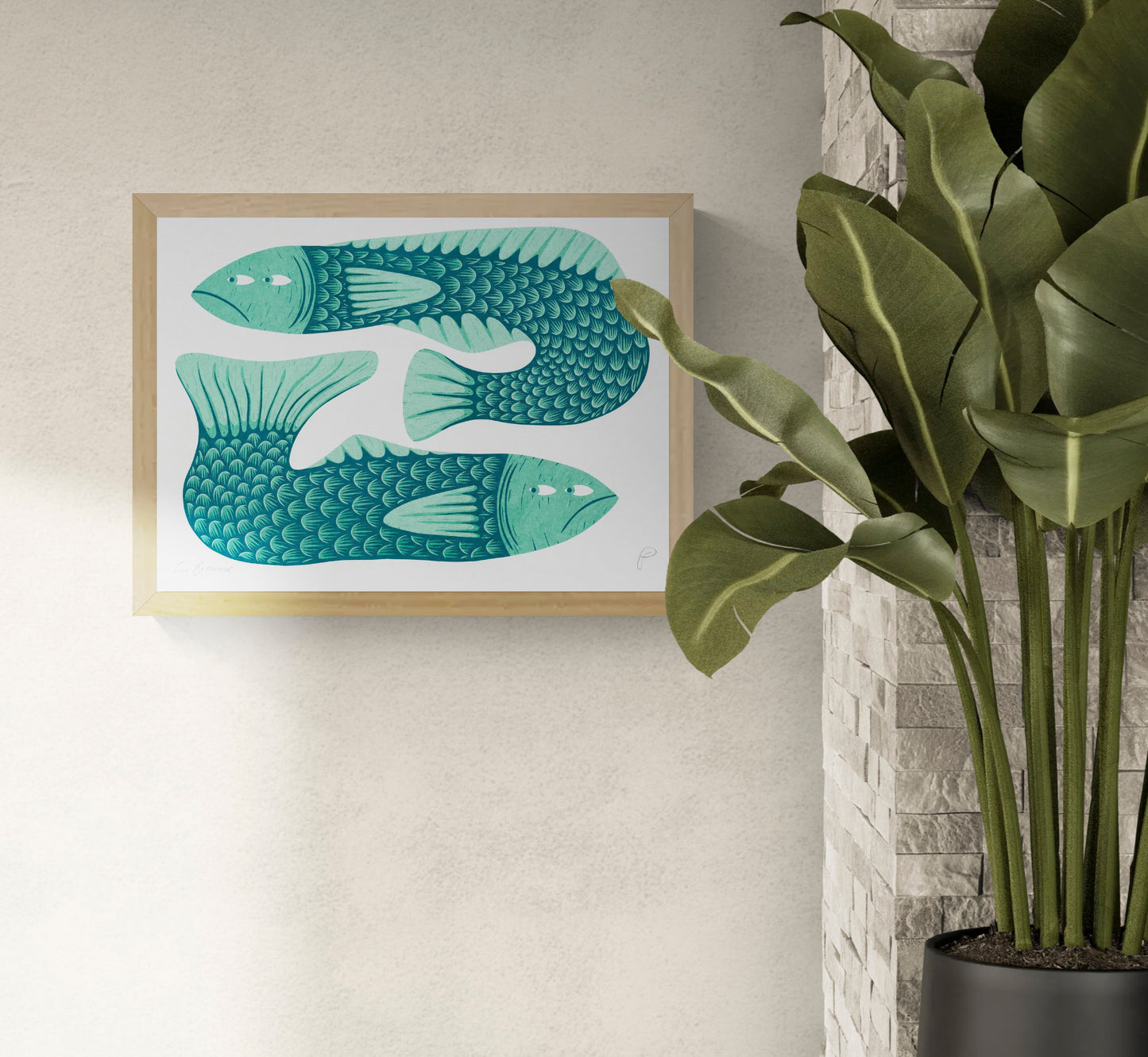 Gill Behaviour by Strangford, horizontal risograph print featuring two stylised teal and dark blue fish with patterned scales, playful expressions and bold graphic shapes for colourful wall decor.