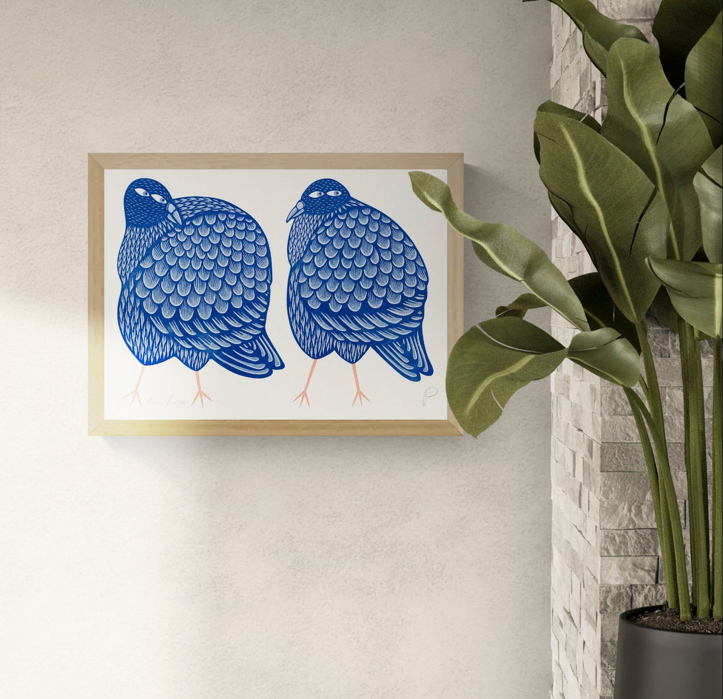 Two plump pigeons illustrated in deep blue and pale blue with peach legs, detailed patterned feathers and playful expressions, horizontal A3 risograph wall art for colourful modern interiors.