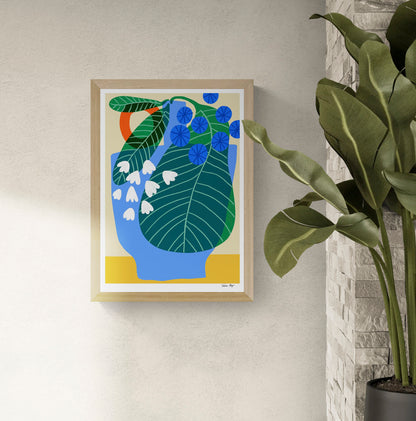 Colourful vertical giclée print by Teresa Rego featuring oversized green Alocasia leaves, blue berries and white flowers in a bold contemporary botanical style.