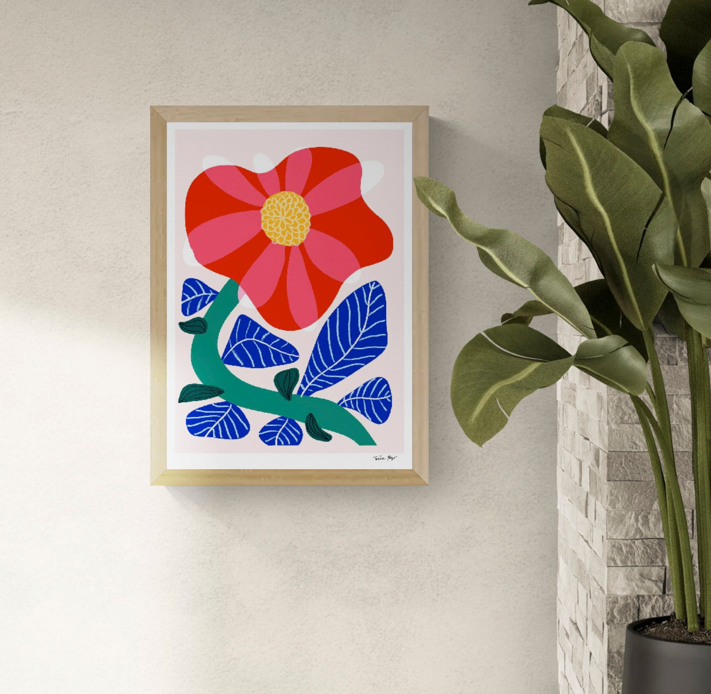 Vertical A3 giclée print of a large red and pink camellia with cobalt blue leaves and a green stem, created in Teresa Rego’s bold botanical style for colourful wall decor.