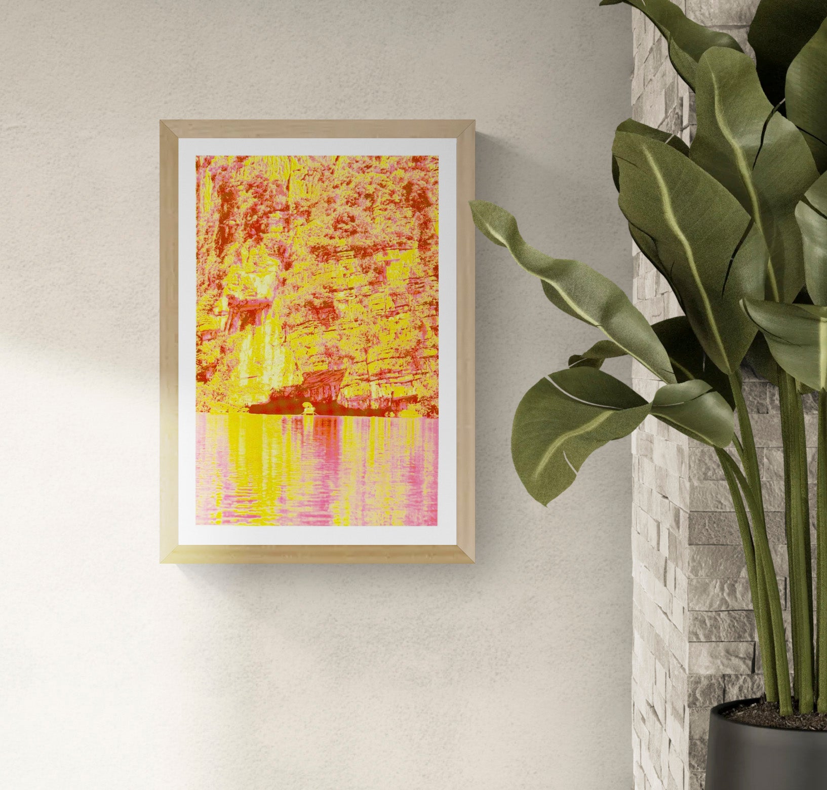 Vibrant risograph art print inspired by the cliffs and waterways of Ninh Binh, Vietnam, featuring bold neon yellows and pinks, textured rock formations, and reflective water. Contemporary limited-edition A3 artwork by PTRVRKD printed on Munken Pure Rough paper, perfect for modern interior decor.