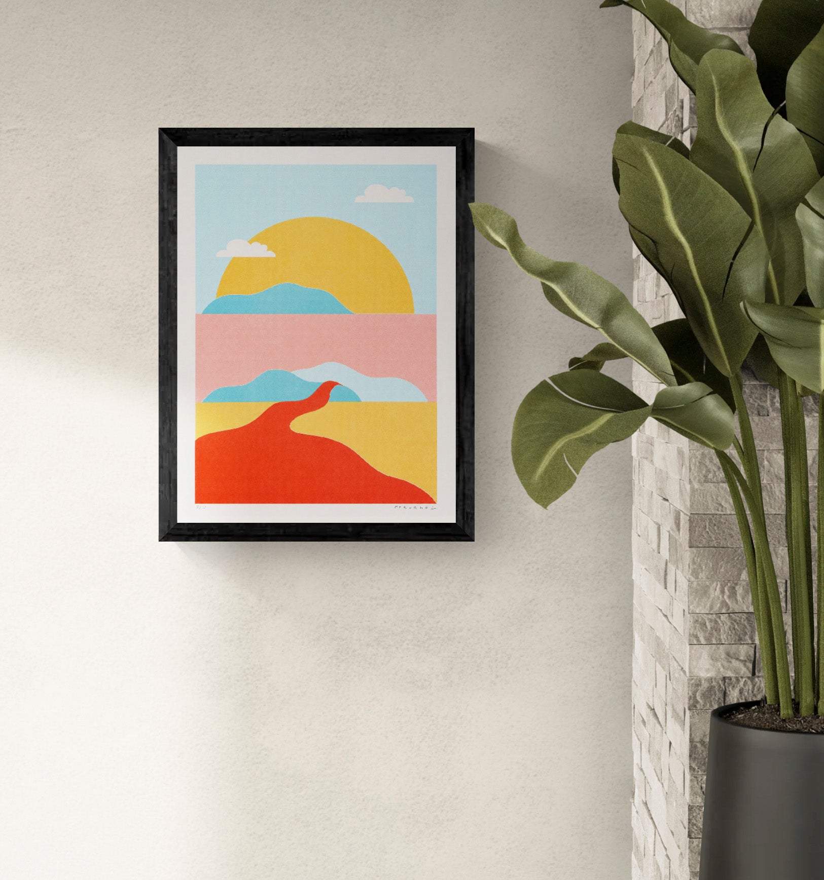 River Landscape Pastel limited A3 risograph art print by PTRVRKD featuring abstract hills, sun, and flowing river shapes in soft pastel colors, signed and numbered edition.