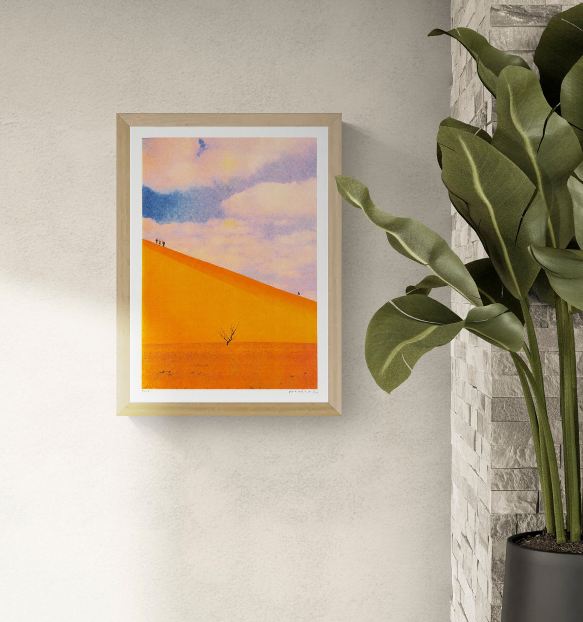 A3 portrait risograph by PTRVRKD showing vivid orange desert dunes, tiny walking figures, a lone tree and a soft blue-pink sky, ideal for modern wall art and home decor.