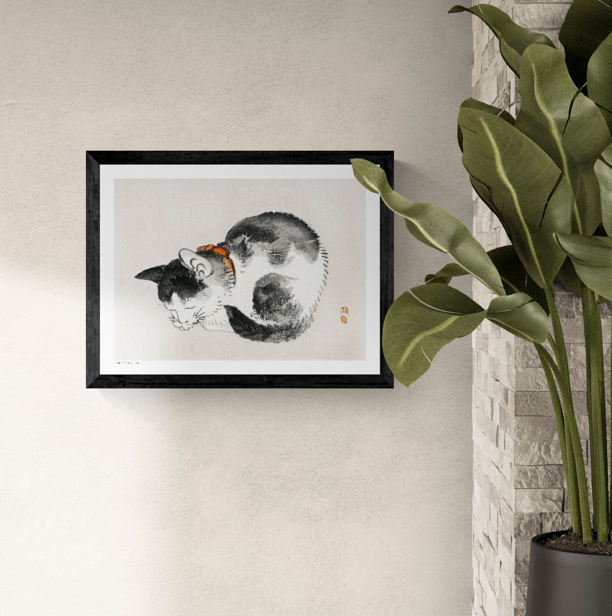 Sleeping black and white cat with an orange collar by Kōno Bairei, Japanese ink-style digital print in horizontal format, ideal as calm wall art for bedrooms, living rooms or reading spaces.