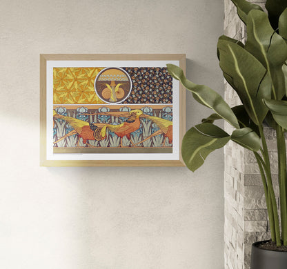 Birds, insects and botanical motifs by Maurice Pillard Verneuil in orange, yellow, blue and brown, shown as a horizontal Art Nouveau digital print for colourful wall decor.